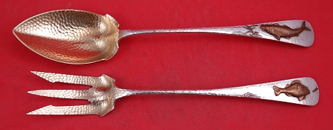 Salad Serving Set GW  hand hammered  w/ applied copper fish and insects  fork  10 1/2